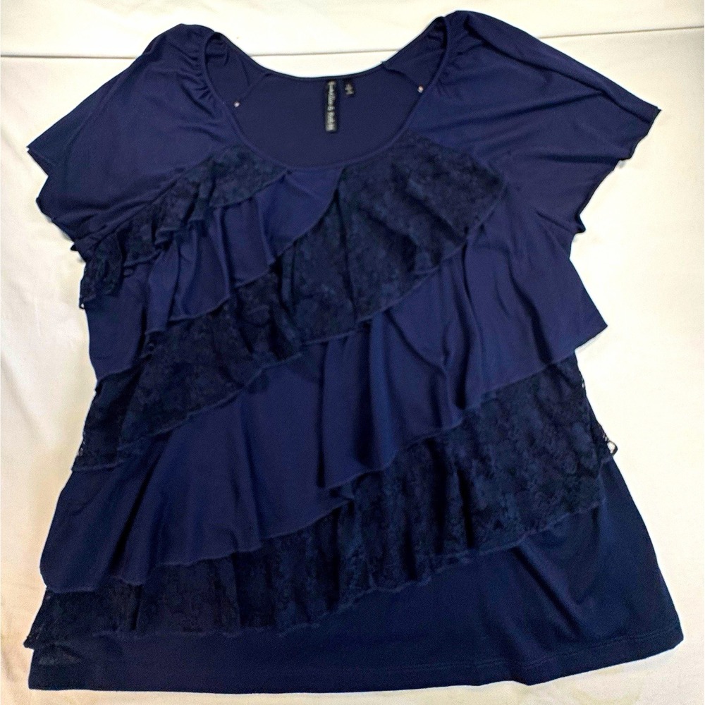 Allie & Rob Women's Blue Solid Lace Ruffle Scoop Neck Cap Sleeve Top, Size 2X